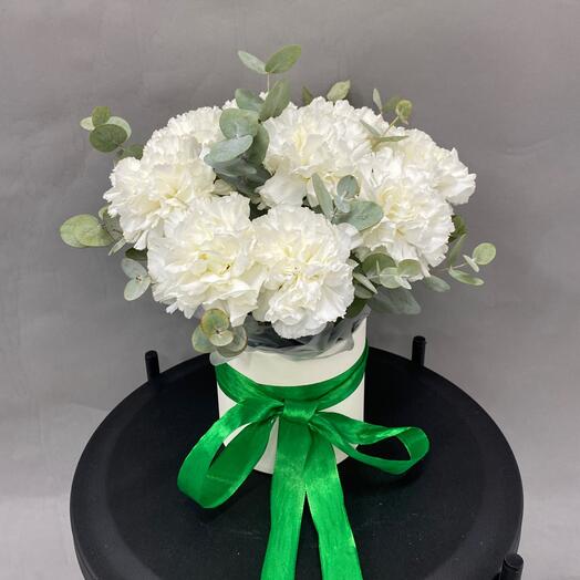 Мини бокс нежных диантусов с эвкалиптом