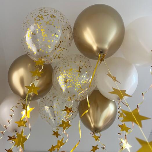 Воздушные шары под потолок с дождиком из звездочек 9 шт