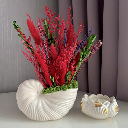 Подарок на День рождения: кашпо ракушка  с сухоцветами и свеча лотос с ароматом «Просекко и гуава»