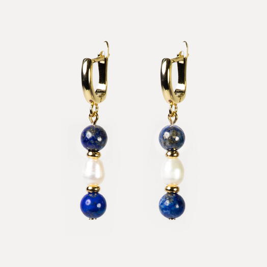 Серьги Гинкго Белый жемчуг культивированный и Лазурит 14K (EAR1160)
