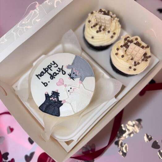 Бенто-торт с капкейками "Happy Birthday" дизайн с крысами девушке, парню, коллеге, маме