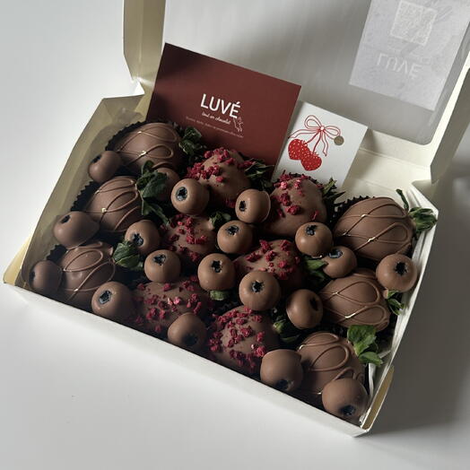 Strawberries and blueberries in premium chocolate