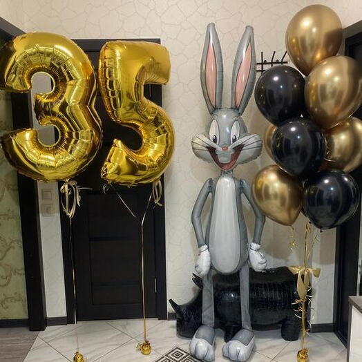 Набор шаров с золотыми цифрами и Багз Банни на день рождения 🎈