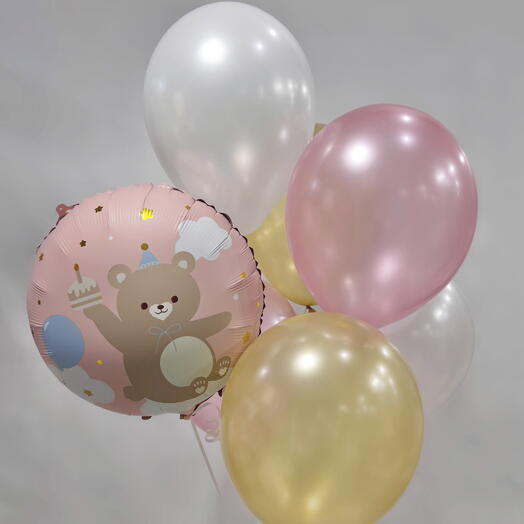 Сет из 1 фольгированного кружочка(Мишка) и 6 латексных шаров для девочки