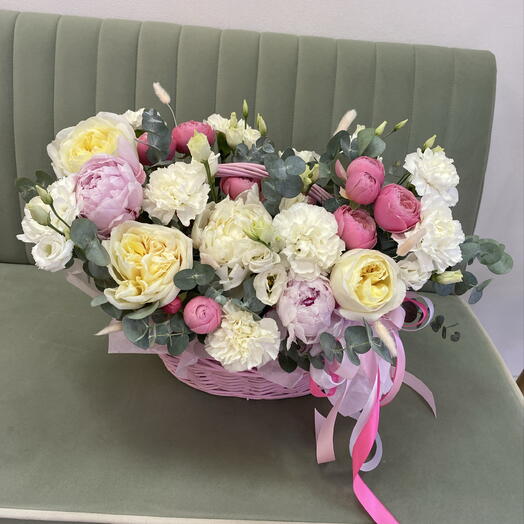 🎀Шикарная Корзина с ароматными цветами Bloom room 🌸 пион, роза, эустома, лагурус, эвкалипт, диантус