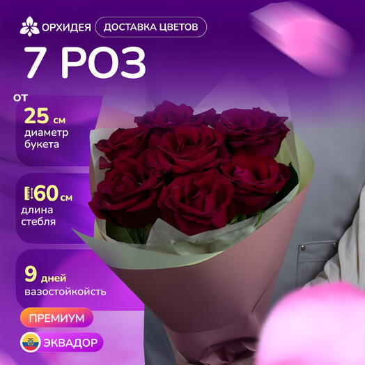 7 Роз красных 60 см