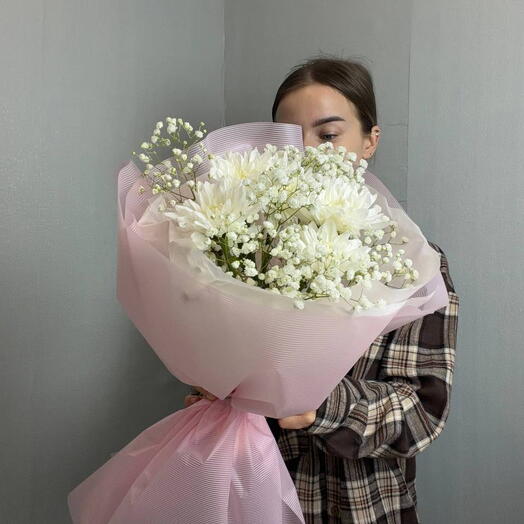 Букет дня из хризантемы, гипсофилы