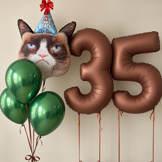 😾 Набор воздушных шаров «Недовольный кот — 35 лет»