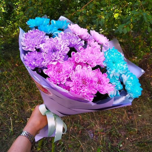 Яркий микс из 5 хризантем 💙🧡💜 для любимой маме