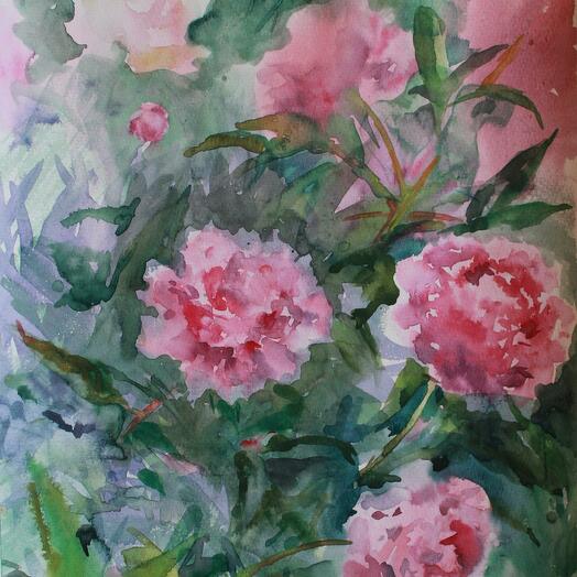 Pintura de peonía rosa, Flores, naturaleza, acuarela, papel, acuarela