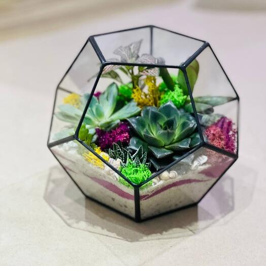 Florarium with fresh flowers soccer ball