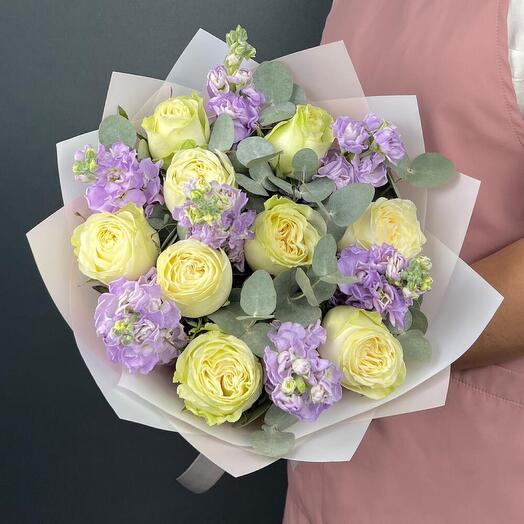 The author's bouquet of white peony-shaped roses and purple Mattiola