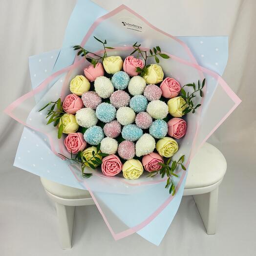 Bouquet of chocolate-covered strawberries and peony-shaped roses made of chocolate "ANGEL"