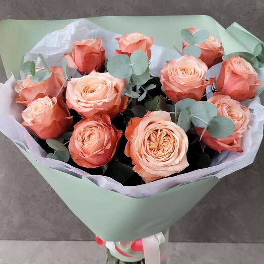 Rose peony-shaped casala with eucalyptus