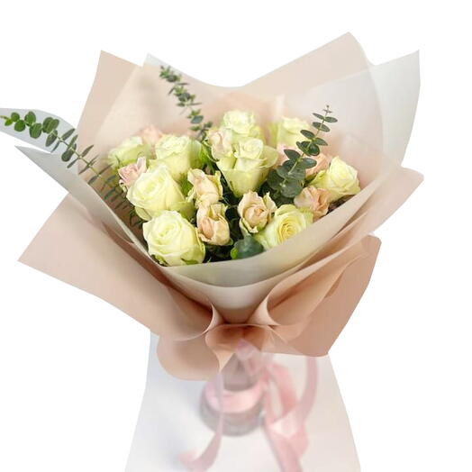 Mixed White and Light Pink Rose Bouquet with Eucalyptus