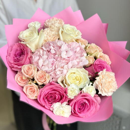 Bouquet of Hydrangea, White and Pink Roses