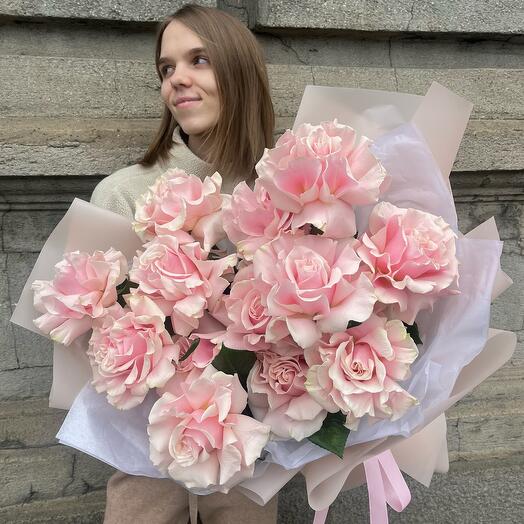 Монобукет из 15 французских розовых роз сорта pink mondial (178)