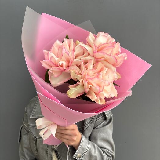 Delicate compliment bouquet of pink, large French roses 3 pcs