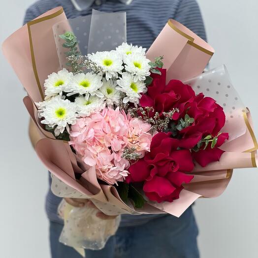 Букет из Французской розы, Хризантемы и Гортензии🌷