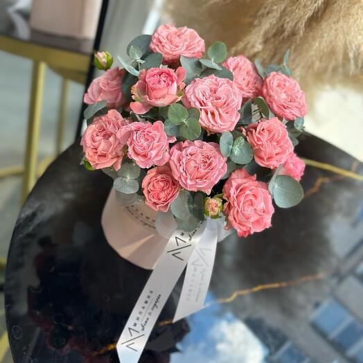 Flowers in a box: peony rose with eucalyptus