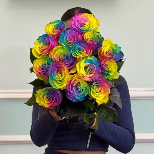 Букет Радужные розы 15 шт | Эквадор