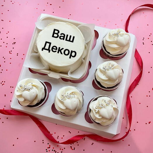 Сладкий набор: бенто торт с вашим декором и 5 капкейков