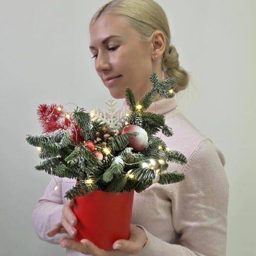 Композиция из нобилиса в красной гамме с огоньками