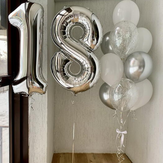 Шары Цифры и фонтан серебро из 10 шаров