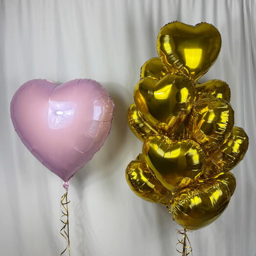 Воздушные шары сердца 13 штук розовый, золото. Helium balloons hearts 13 pcs gold, pink