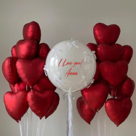 Воздушные шары с гигантом с надписью сердца Я ТЕБЯ ЛЮБЛЮ 31 шт. Helium balloons Bubble red hearts I LOVE YOU 31pcs