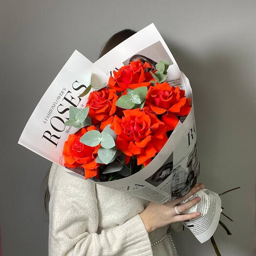 Red French roses with eucalyptus. VKF58