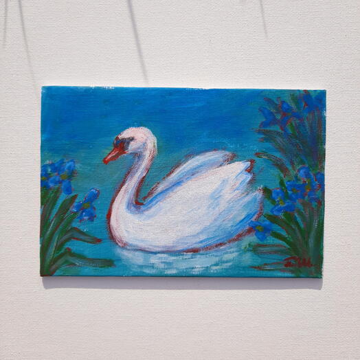 Картина "Лебедь и синие ирисы"