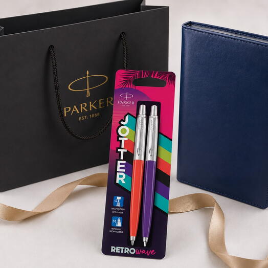 Набор ручек Parker Jotter Originals 80s Retrowave Vermilion и ежедневник подарок девушке, женщине, учительнице