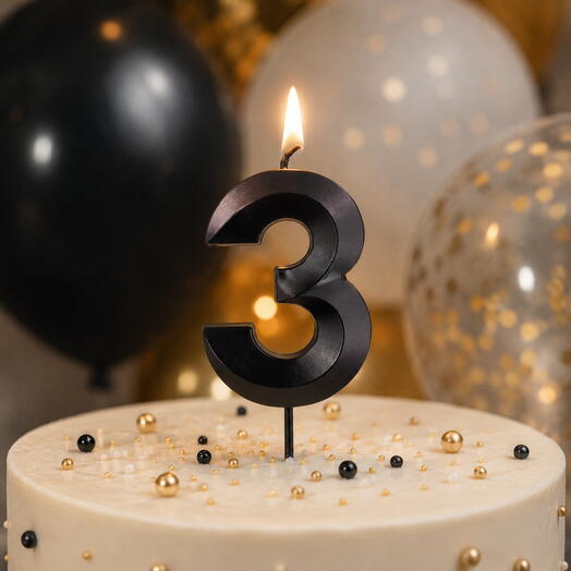 Свеча Цифра на торт, 3 Грани, Черный, Металлик, 4,2*6 + 4,5 см