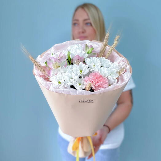 Букет с хризантемами, пшеницей и альстромерией «Летняя история» 🌾🌸 39861
