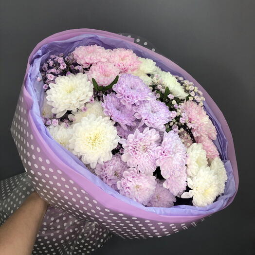 Пышный и объемный букет с хризантемами и гипсофилой🌸🌸🌸