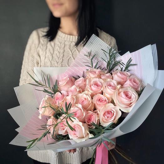 Flamingo bouquet with pink roses and eucalyptus