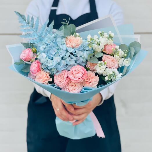 Author's bouquet with blue hydrangea