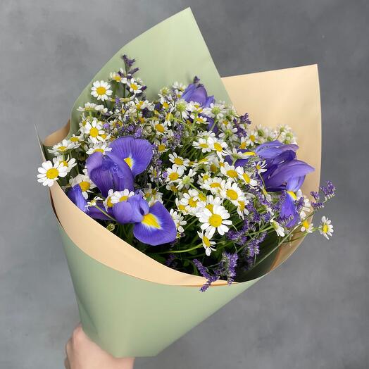 August bouquet of irises and daisies