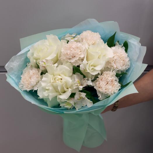 A delicate bouquet in a blue package