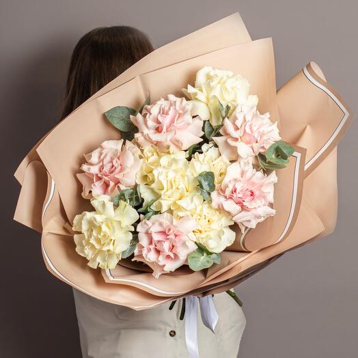 Pink and white bouquet of French Roses and eucalyptus.  Bouquet F146 Flowers of the Capital