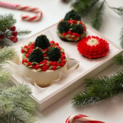 Бенто чизкейк в новогодней палитре с капкейками