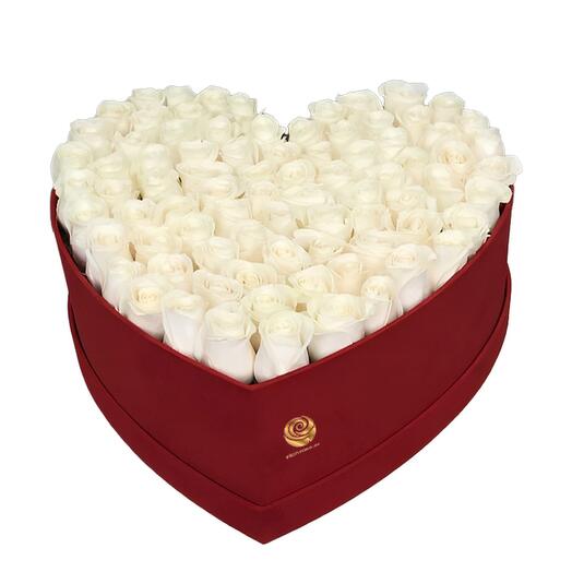 Bubble Heart - 65 White Red Roses in Red Heart Box