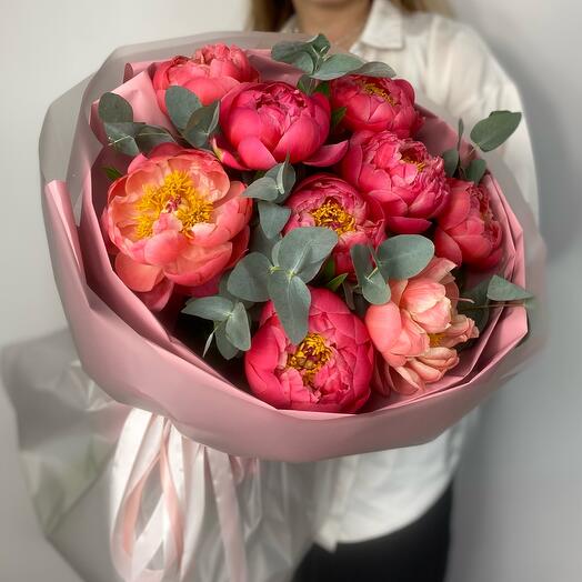 Coral Charm peonies and eucalyptus