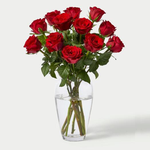 12 Rosas Rojo con Florero De Cristal