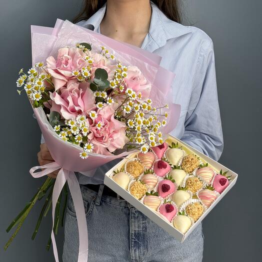 Bouquet of French roses and daisies (matricarium) and a set of chocolate-covered strawberries