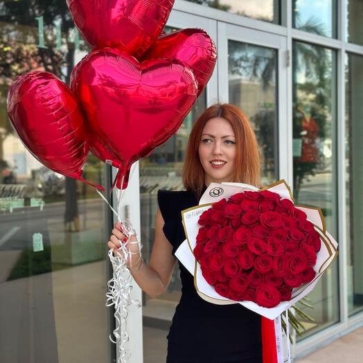 Red Roses Bouquet + 5 Heart Balloons