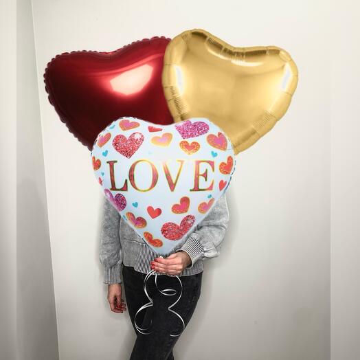 Набор шаров 3 штуки фольгированных гелиевых в форме сердца Love Любовь