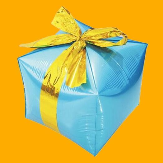 Шар гелий синий подарок с бантом 4d. Helium balloon Gift with golden bow