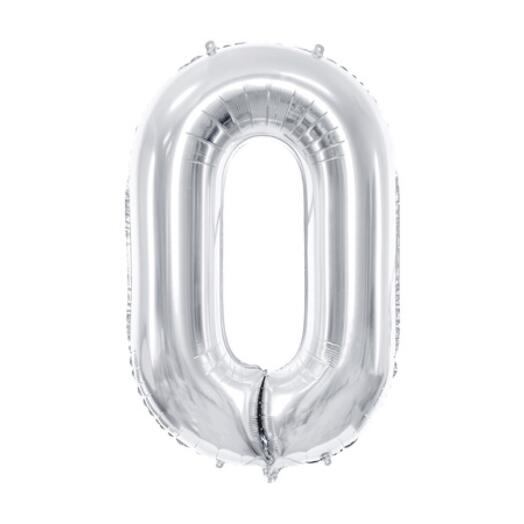 Srebrny foliowy balon w kształcie cyfry 0
